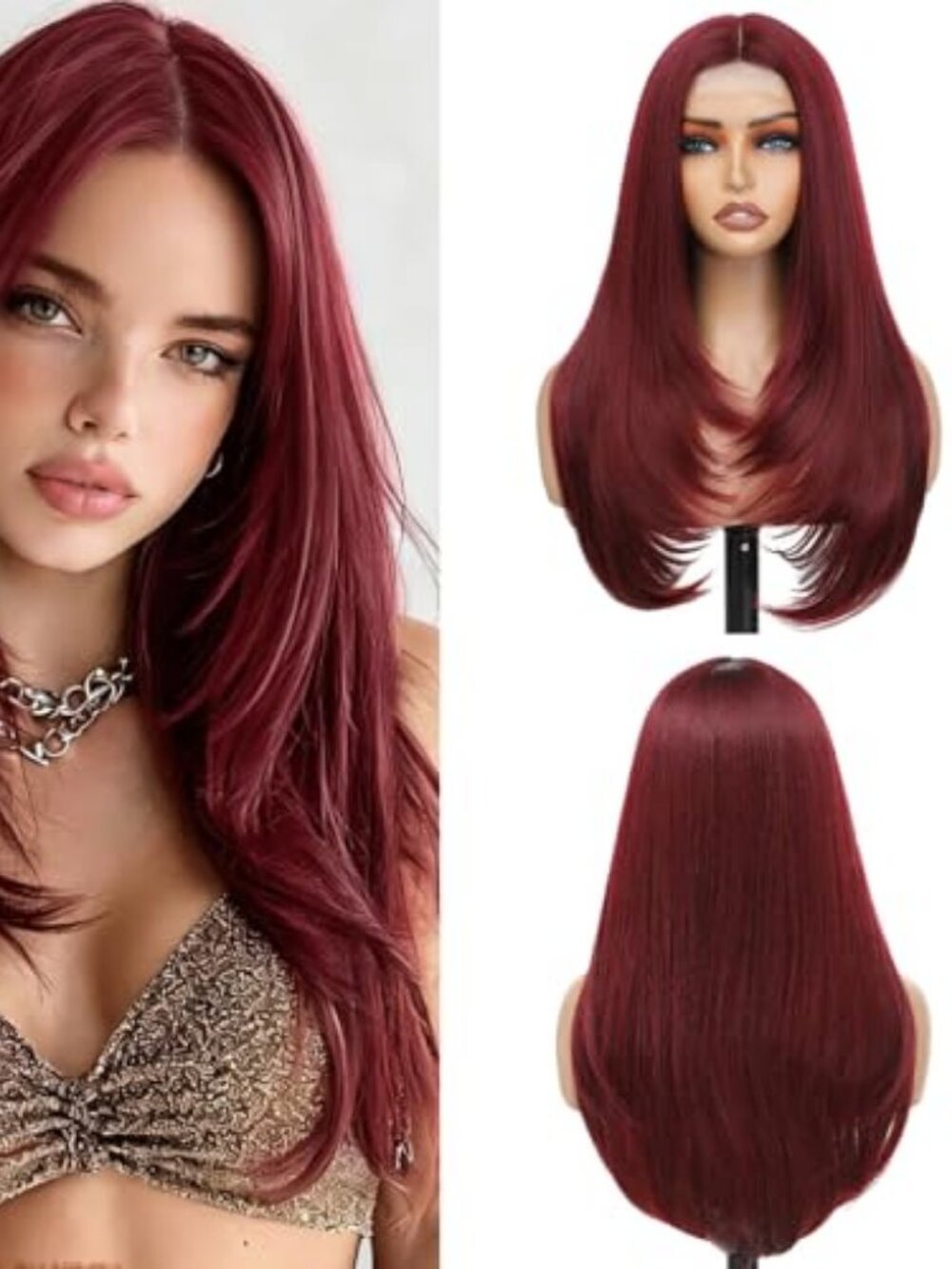 Burgundy Wigs for Women 26 Inch Long Layered Wig Middle Part Red Wig Synthetic